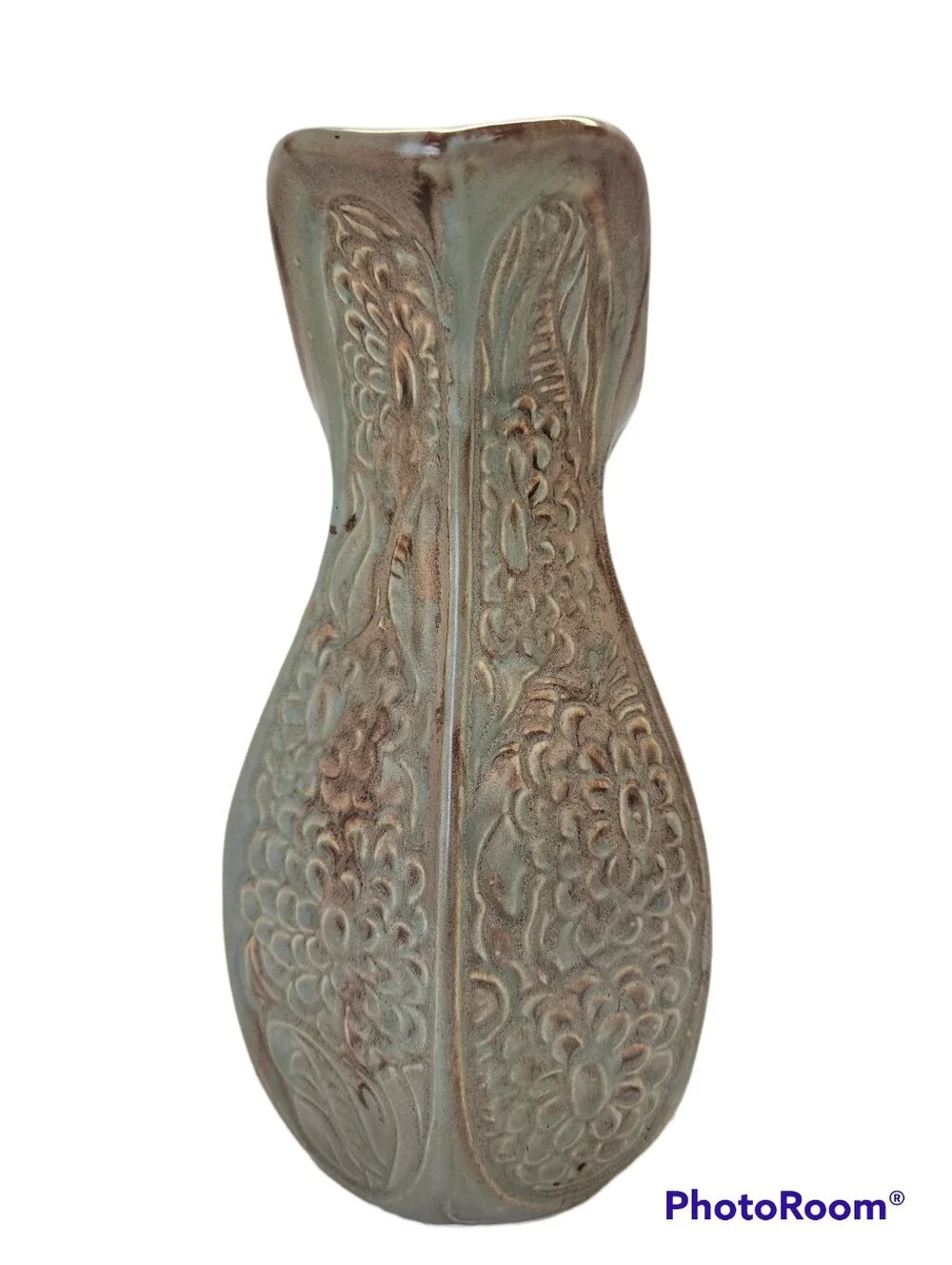 Vintage McCoy 1970s Floral Ceramic Art Pottery Pitcher Vase in Sage Green #618